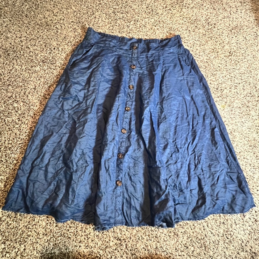 Torrid Women‎ 0 L 12 Blue Lyocell Button Front Chambray Midi Skirt Elastic Back